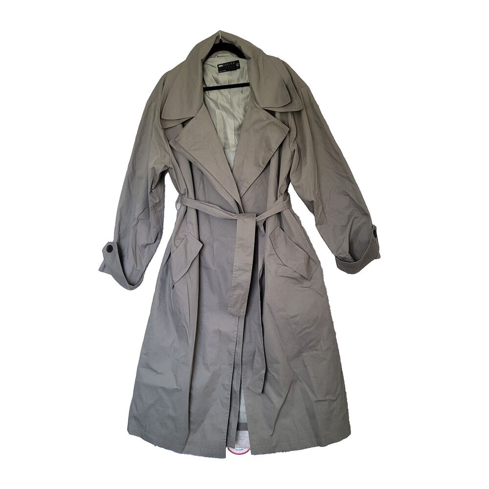 ASOS Longline Wrap Trenchcoat Womens 12 Belted Waist Slate Green Gray Streetwear